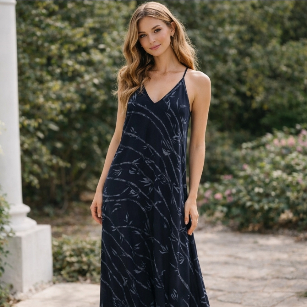 Ramona Larue Blue Plant Print Low V dress Size Small Maxi